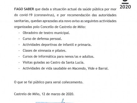 BANDO 5/2020: APLAZAMIENTO DE LAS ACTIVIDADES CULTURALES, DEPORTIVAS Y OCIO