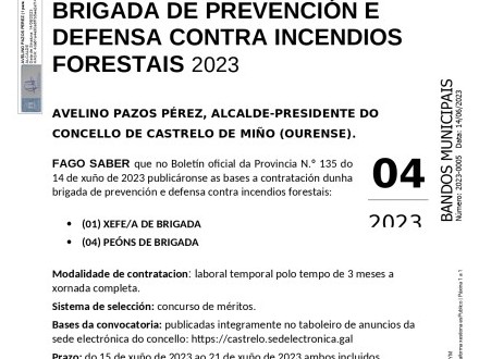 Contratacin de (05) trabajadores para la Brigada de prevencin y defensa contra incendios forestales. 2023