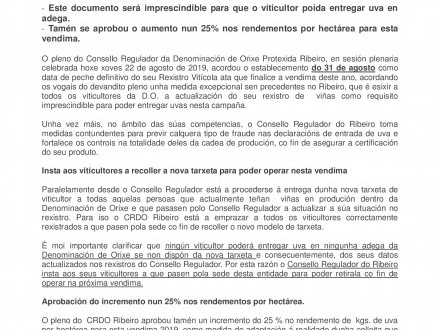 El C.R.D.O. Ribeiro insta a sus viticultores a recoger la nueva tarjeta