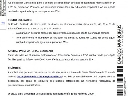 BANDO 13/2020: Ayudas para libros, material escolar y acceso al Fondo Solidario de la Xunta de Galicia