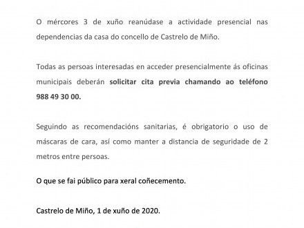 NOTA INFORMATIVA: Reanudacin de la actividad presencial en el Ayuntamiento de Castrelo de Mio